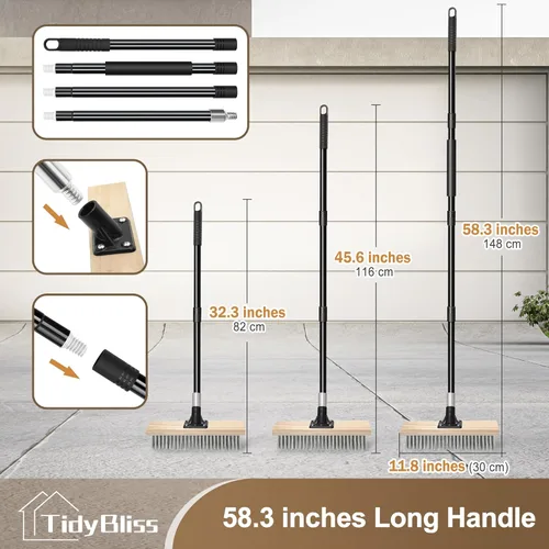 Miniatura 7 de TidyBliss Cepillo de alambre de acero inoxidable con mango largo, escoba rígida de metal resistente, removedor de musgo para exteriores para piso