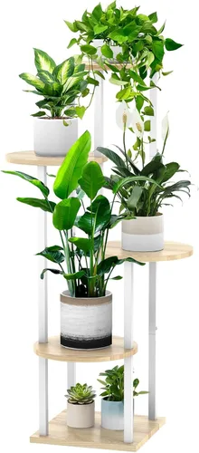 Miniatura 10 de Soporte alto de madera de 4 niveles para plantas, estante de metal para interiores, múltiples estantes para macetas, estante de esquina, estante