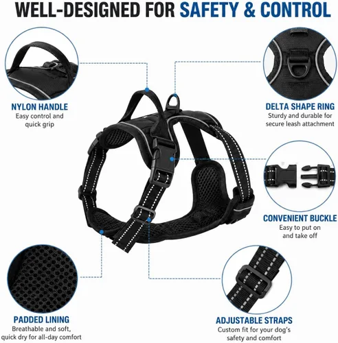 Miniatura 2 de Arnés negro sin tirones para perro con 2 clips para correa, chaleco acolchado suave para perros pequeños, chaleco reflectante ajustable fácil