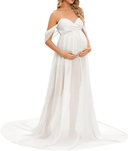 Miniatura 4 de ZIUMUDY Vestido largo de gasa de maternidad para sesión de fotos, fotografía con hombros descubiertos, vestido de gasa transparente envuelto