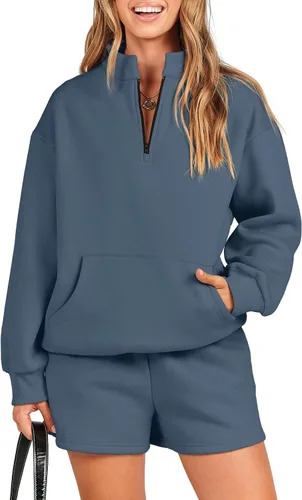 Caracilia Conjunto deportivo de 2 piezas para mujer, sudadera de gran tamaño con media cremallera y pantalones cortos a juego para el otoño
