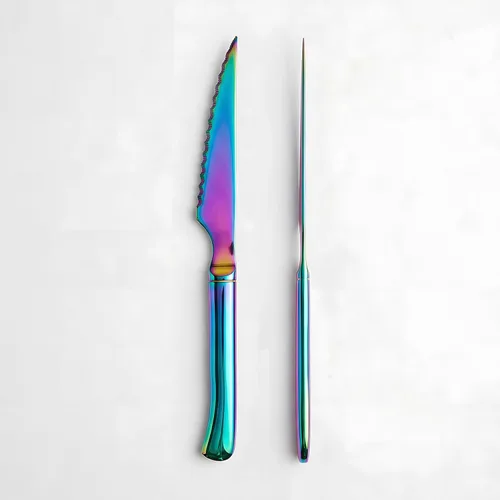 Miniatura 5 de Paquete de 6 cuchillos de carne de acero inoxidable arcoíris, iridiscentes dentados afilados para mesa de cocina