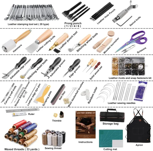 Miniatura 2 de Tikjiua 456 piezas de herramientas para trabajar el cuero con delantal y bolsa de herramientas, kit de manualidades de cuero con herramientas
