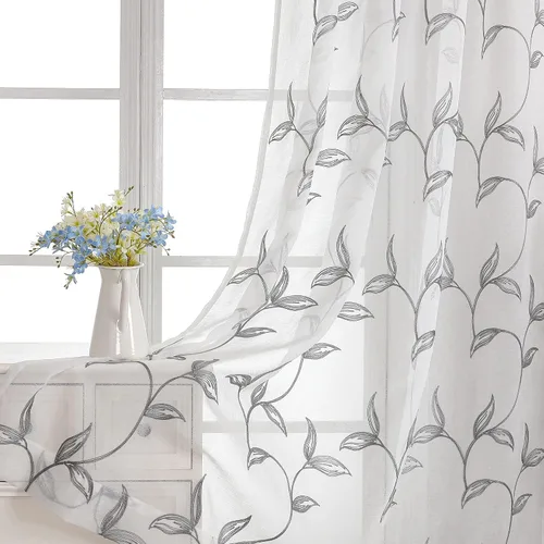 VISIONTEX - Cortinas traslúcidas de 2 paneles de 108 pulgadas de largo, color gris hierro, con diseño bordado de hojas y flores, bolsillo con