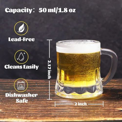 Miniatura 2 de ZZYFGH Paquete de 6 mini vasos de chupito de cerveza con asa, mini tazas de cerveza transparentes de base pesada, 1.8 onzas, tequila, vodka, ideal