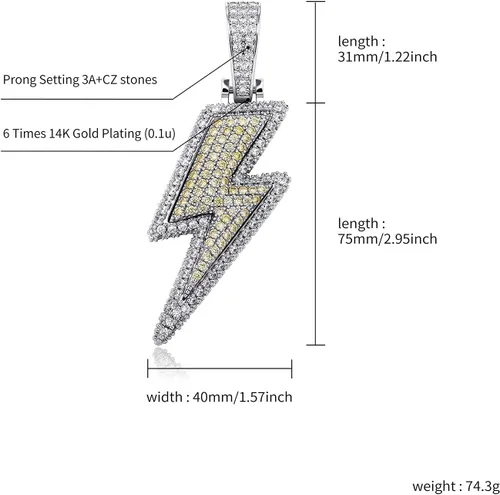 Miniatura 22 de JINAO Hip Hop - Colgante con diseño de rayo chapado en oro de 18 quilates con circonita cúbica con micropave de imitación de diamante para hombres