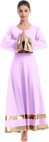 IBAKOM Túnica de manga larga para mujer, vestido litúrgico de baile completo con cinturón de lentejuelas
