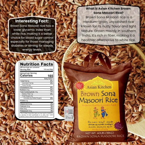 Miniatura 2 de Asian Kitchen Brown Sona Masoori - Arroz envejecido de 40 libras, 40 libras (40.0 lbs) de arroz de grano corto ~ Todo natural Apto para gluten