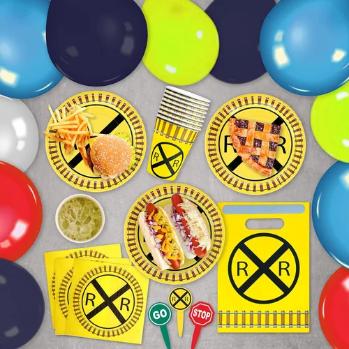Miniatura 4 de Havercamp 88 platos de ferrocarril y decoraciones de fiesta para 16 platos de 9 pulgadas, servilletas, tazas de 12 onzas, bolsas de botín, palillos