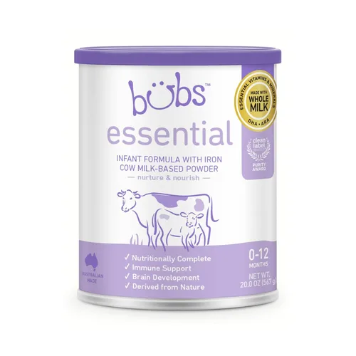 Bubs Essential - Fórmula infantil con hierro, polvo a base de leche de vaca, para bebés de 0 a 12 meses, hecha con leche sin OMG, 20 onzas
