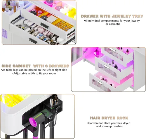 Miniatura 7 de Mesa de Tocador RGB para Maquillaje con Estación de Carga Inalámbrica, Escritorio de Tocador con Espejo Iluminado y Silla, 8 Cajones, Taburete, Mesa