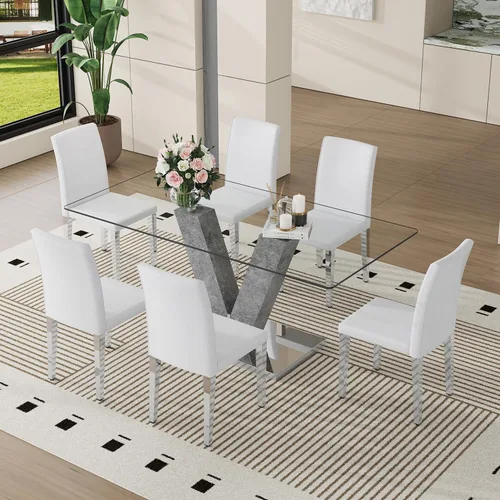 Miniatura 8 de Juego de mesa de comedor de cristal moderno de 71 pulgadas para 6, juego de mesa de comedor de 7 piezas con sillas y mesa de vidrio templado