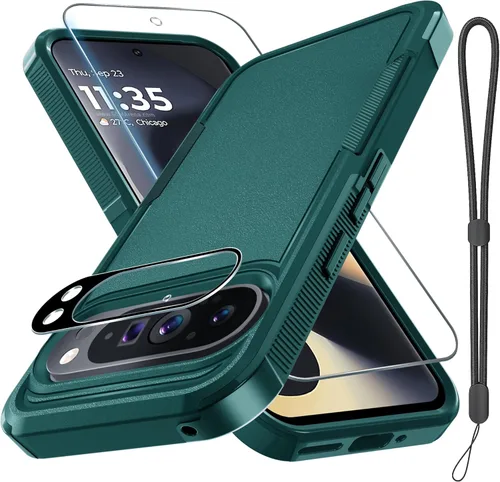 Miniatura 32 de Funda para Google Pixel 10 Pro XL con correa para la muñeca + protector de pantalla de vidrio templado + cubierta para lente de cámara, cuerpo Verde