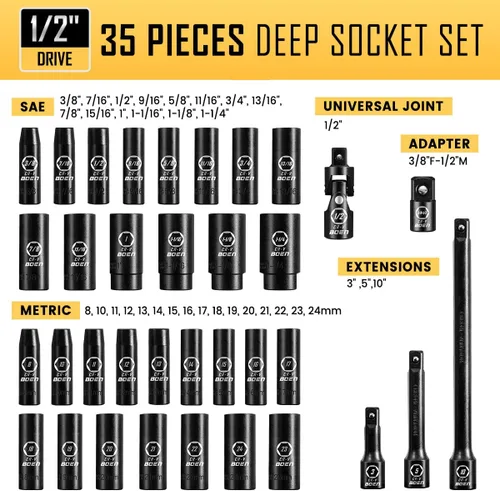 Miniatura 2 de BOEN Juego de 35 piezas de llaves de impacto profundo con guía de 1/2 pulgada - SAE 3/8"-1-1/4" y métrico 8-24mm, extensiones, junta y adaptador, 35