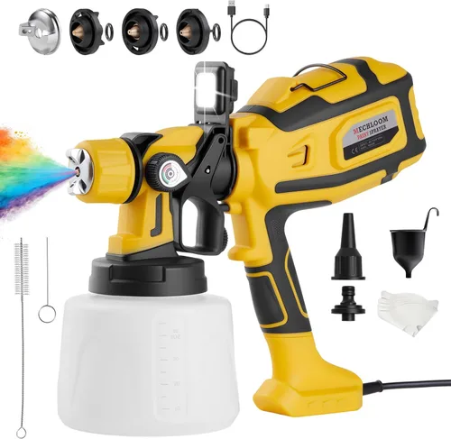 Pulverizador de pintura de 1000 W, pistola eléctrica HVLP con 3 boquillas de latón, cabezal de soplado de polvo y adaptador de limpieza, flujo