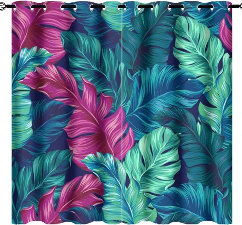 Miniatura 40 de Cortinas abstractas de hojas tropicales, acuarela tropical, hojas de palma, verano hawaiano, plátano, aislamiento térmico, cortinas completas