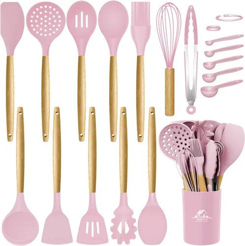 Miniatura 9 de MIBOTE Juego de utensilios de cocina de silicona, resistente a 230 °C, pinzas para voltear, espátula, cuchara, batidor, mango de madera, juego