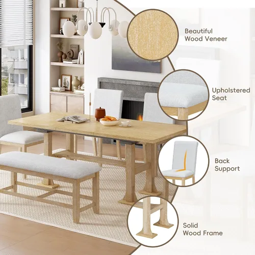 Miniatura 8 de Juego de mesa de comedor extensible de 6 piezas, juego de mesa de comedor para 6 personas con caballete de banco, juego de mesa de cocina con 4