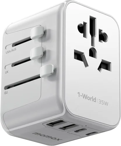 Miniatura 13 de MOMAX Adaptador de viaje universal 6 en 1, adaptador de corriente internacional GaN 70W, 3 USB-C PD carga rápida y 2 USB-A QC, 1 AC, adaptador
