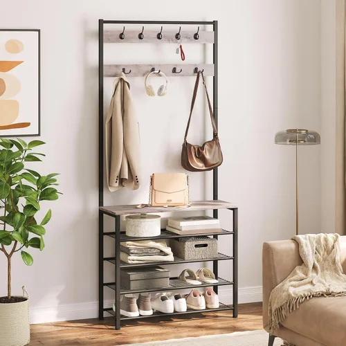 Miniatura 9 de HOOBRO Árbol de Pasillo, Perchero con Zapatero, Árbol de Pasillo con Banco, Organizador de Almacenamiento de Zapatos de 5 Niveles con 9 Ganchos