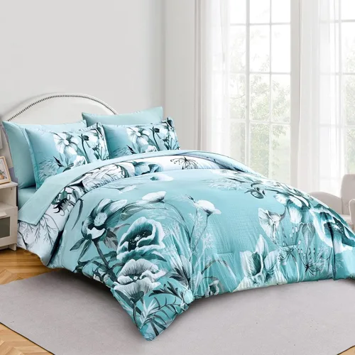 Miniatura 2 de Luxudecor Juego de edredón floral tamaño individual de 7 piezas, cama de flores aguamarina en una bolsa, elegante edredón floral degradado con juego