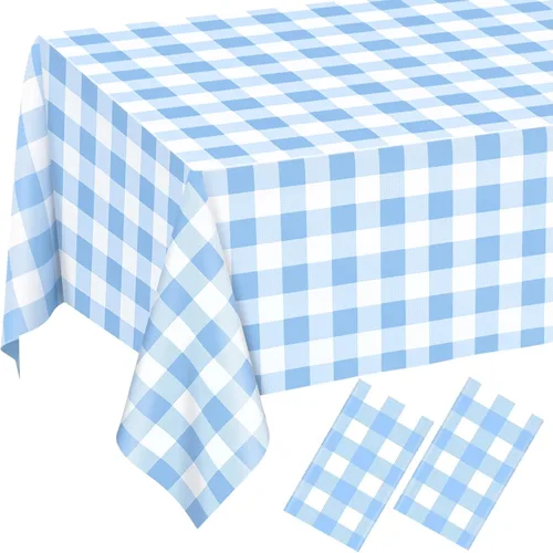 Miniatura 12 de 3 manteles desechables de plástico a cuadros color azul claro para fiestas, desechables, impermeable, rectangular, color azul, para campamento, Azul