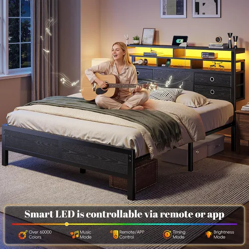Miniatura 5 de Homkdom Base de cama de tamaño matrimonial con cabecera de almacenamiento de 3 niveles y 4 cajones, marco de cama matrimonial con luces LED