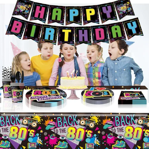Miniatura 5 de Decoraciones de cumpleaños de los años 80, vajilla de fiesta temática de los 80, 172 piezas para 20 platos, servilletas, vasos, cubiertos, mantel