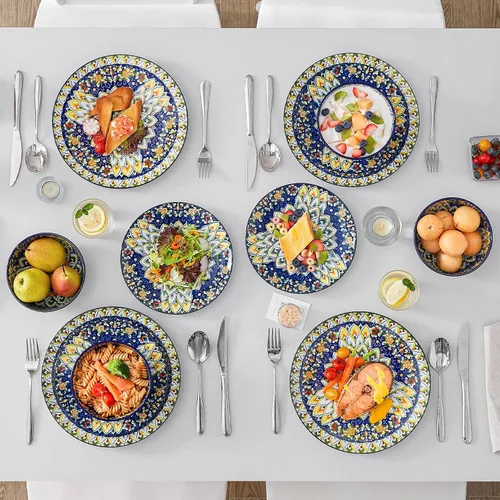 Miniatura 6 de vancasso Juego de vajilla de 12 piezas, platos y cuencos azules, juego de platos de porcelana para 4, aptos para microondas y lavavajillas