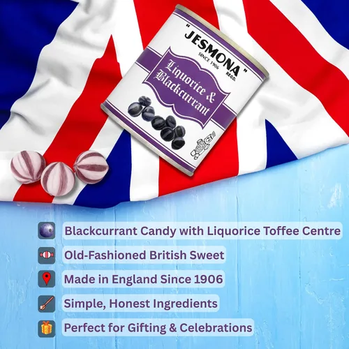 Miniatura 5 de Jesmona Caramelos de regaliz y grosella negra – Caramelo duro británico de 8.8 onzas (8.8 onzas), lata de regalo redonda, bolas de regaliz