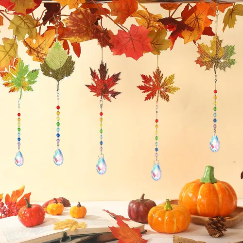 Miniatura 5 de Yeaqee Juego de 6 llaveros de arte de diamantes de otoño para adultos, hojas de arce, pintura de diamante, campanillas de viento de doble cara 5D