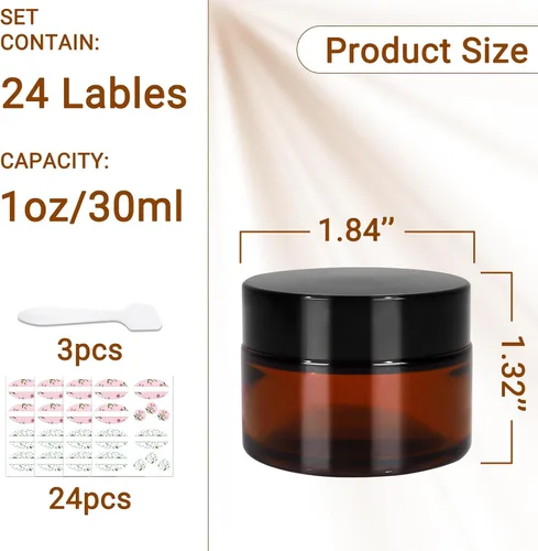 Miniatura 2 de Tarros de vidrio ámbar de 1 oz, paquete de 24 recipientes vacíos para cosméticos con tapas de rosca negras, tarros redondos recargables para loción