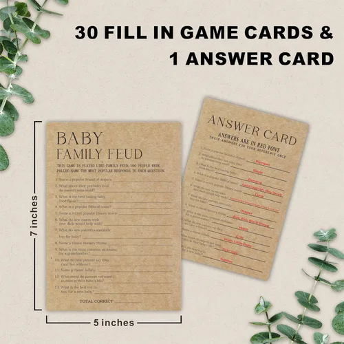 Miniatura 2 de Tarjeta de juego para baby shower, juego de 30 tarjetas de papel kraft con doble impresión, pelea familiar con 1 tarjeta de respuesta para bebé