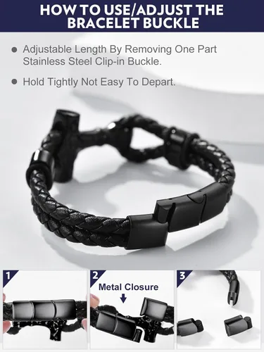 Miniatura 7 de Bandmax Pulsera trenzada de cuero negro para hombre con colgante gótico punk, pulsera de cuero con hebilla de acero inoxidable, paquete de regalo