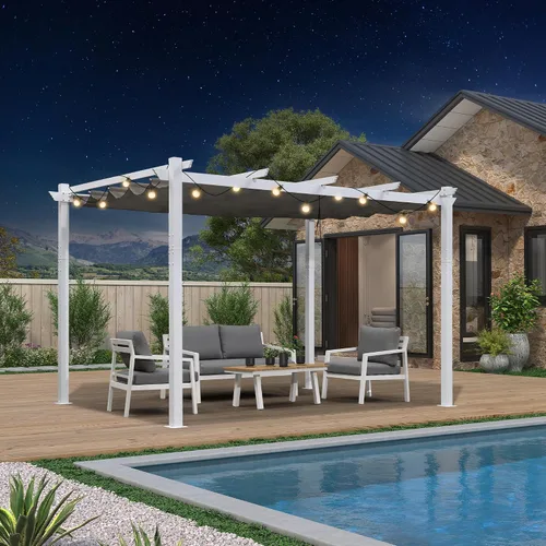 Miniatura 54 de PURPLE LEAF Pérgola Retráctil de 10' x 13' para Exteriores de Aluminio Blanco con Toldo de Sombra para Patio Refugio Moderno Marrón para Jardín