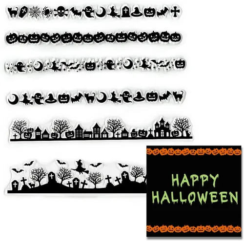 6 sellos transparentes con marco de Halloween para hacer tarjetas, telaraña de murciélago, sellos de goma transparente, sellos de castillo, árbol,