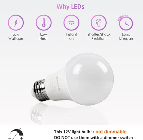 Miniatura 5 de Maelsrlg Bombilla LED de 12 V, 6 W (equivalente a 50 W), blanco cálido 3000 K, 12 V-24 V CA/CC, 600 lúmenes, no regulable, bombillas LED A19 de 12 V