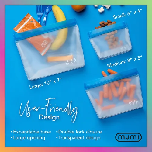 Miniatura 3 de MUMI Piccolo Bolsas reutilizables con cremallera, juego de 3 bolsas de silicona con cierre hermético Bolsas reutilizables con cierre hermético Azul