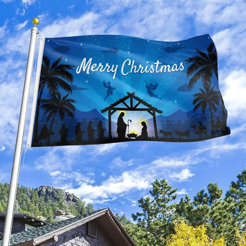 Miniatura 6 de Bandera de Navidad de 3 x 5 pies, doble impresa, nacimiento religioso de Jesús, Natividad Santa Noche Santa Feliz Navidad, telón de fondo colgante