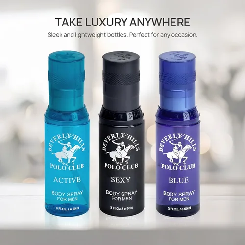 Miniatura 5 de Beverly Hills Polo Club Colección Signature Body Spray para hombre Juego de 3 piezas: azul, activo, sexy, fragancias versátiles para cada ocasión