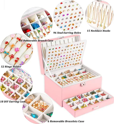 Miniatura 101 de Joyero de pendientes para mujeres y niñas, organizador de aretes de 5 capas, caja organizadora de joyas blanca con candado, collares y aretes