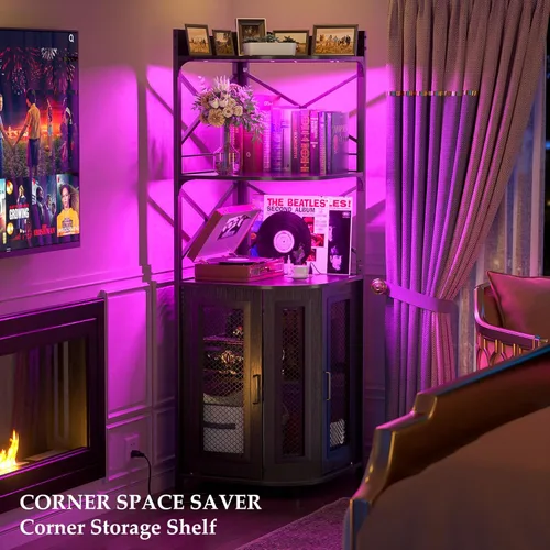 Miniatura 5 de Aheaplus Gabinete Bar de Esquina con Toma de Corriente, Gabinete de Vino Industrial con Tira LED y Portavasos, Gabinetes de Licores de 5 Niveles