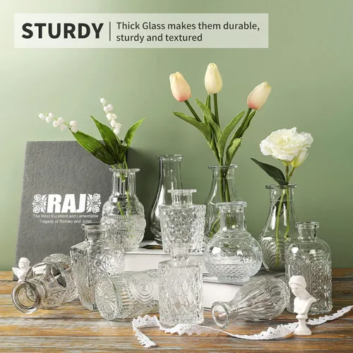 Miniatura 6 de Juego de 12 jarrones de cristal con brocha, jarrones de cristal para centros de mesa lindos, mini jarrón transparente a granel para decoraciones