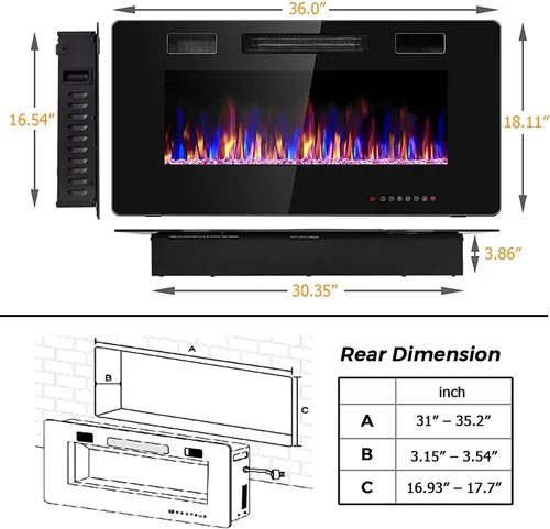 Miniatura 4 de Topment Chimenea eléctrica empotrada y montada en la pared con color y velocidad de llama ajustables, control remoto y táctil con temporizador, bajo
