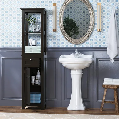 Miniatura 2 de Spirich Gabinete de almacenamiento delgado para baño, armario alto y estrecho con puerta y estantes, torre de lino independiente (espresso)
