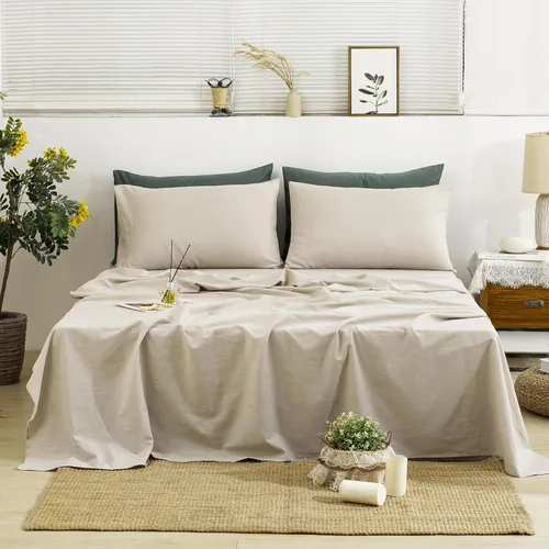 Miniatura 9 de TUMEI - Juego de ropa de cama de lino de 4 piezas, tamaño king, verde, suave, transpirable y duradero, con sábana ajustable de bolsillo profundo