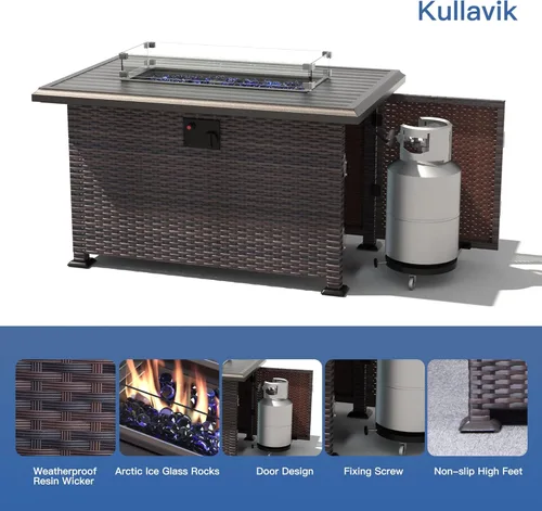 Miniatura 2 de Kullavik Juego de 7 muebles de patio al aire libre con mesa de fogata de gas propano de 43 pulgadas, 55000 BTU, sofá seccional de ratán de Gris