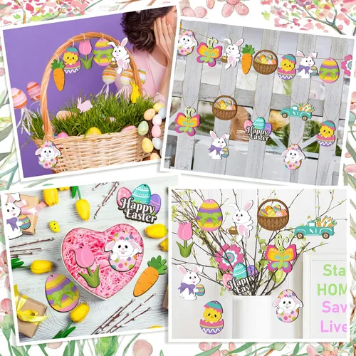 Miniatura 4 de Qunclay 24 piezas de adornos de madera de primavera de Pascua, huevos de flores, conejo, huevo, letreros colgantes para árbol, decoraciones