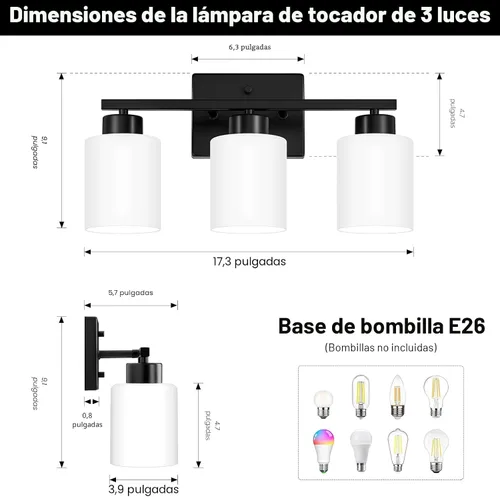 Miniatura 2 de FonmYim Lámpara de baño negra, lámpara de tocador moderna de 3 luces sobre espejo, apliques de pared con pantallas de vidrio esmerilado blanco