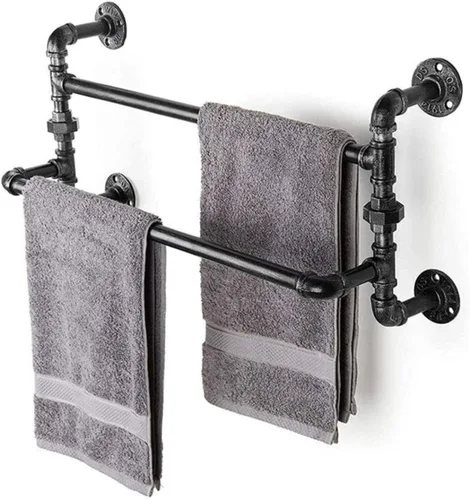 Toallero para toallas, toallero retro con doble toallero, estante de ducha montado en la pared, estilo industrial, tubería de hierro, estantes de